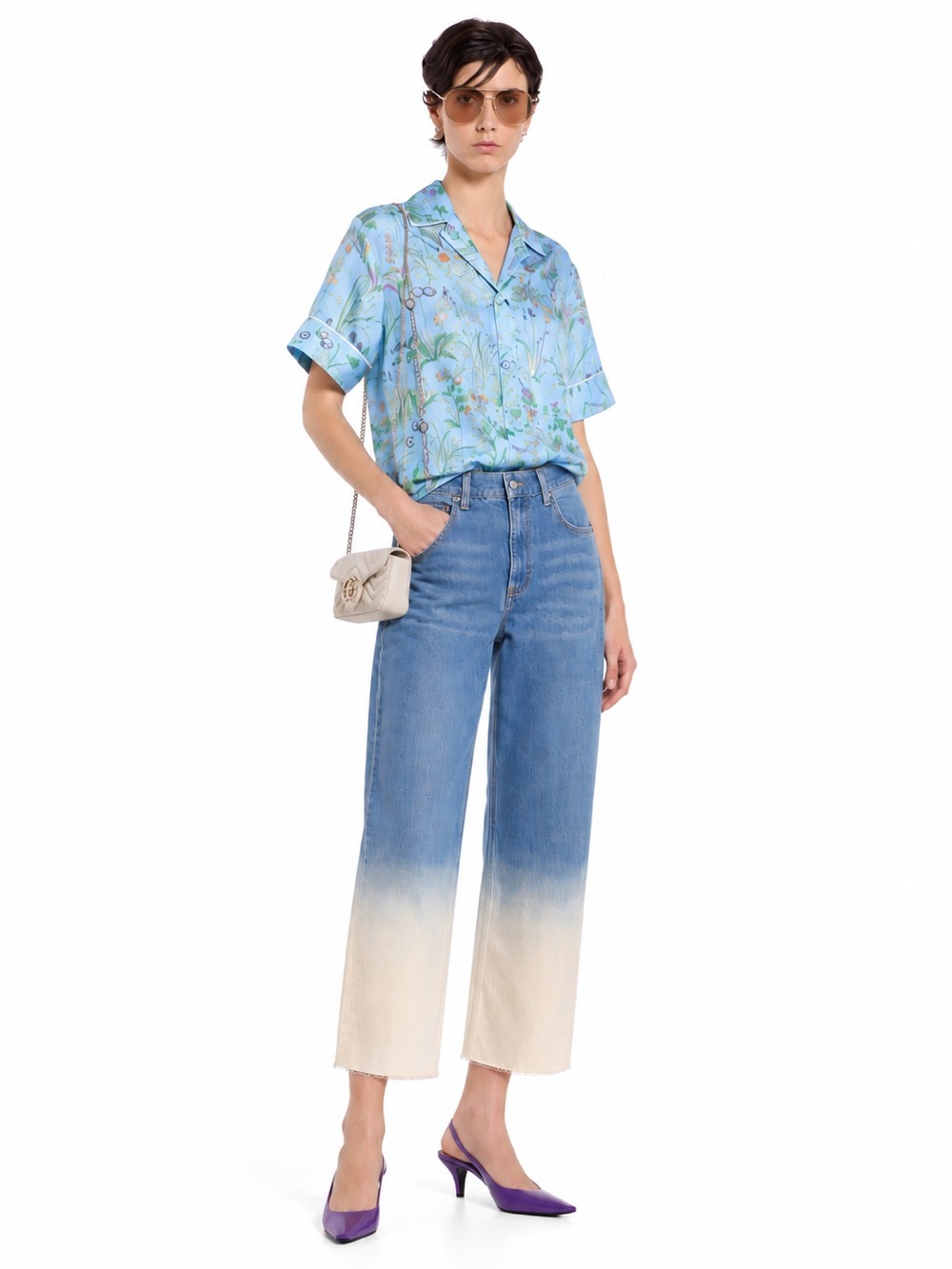 Calzedonia Wide-Leg Ombre Dip-Dye Jeans in Blue and Cream